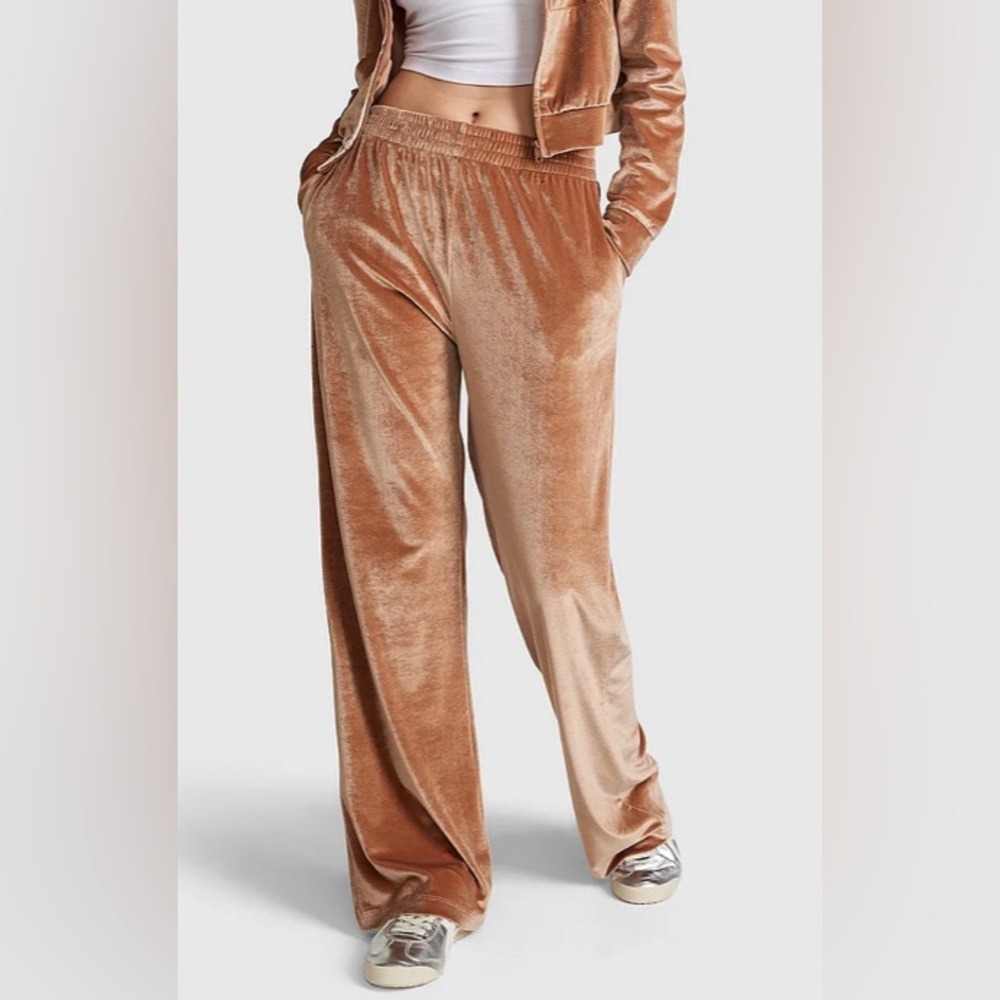 PINK Victoria's Secret Women's L Velour Wide Leg Pants‎ Bronze Rhinestone Logo